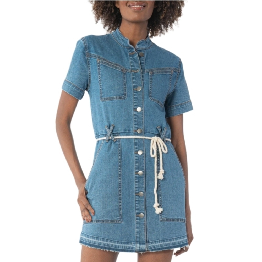 Kut from the Kloth Blue Clare Button Front Denim Mini Dress Size Large